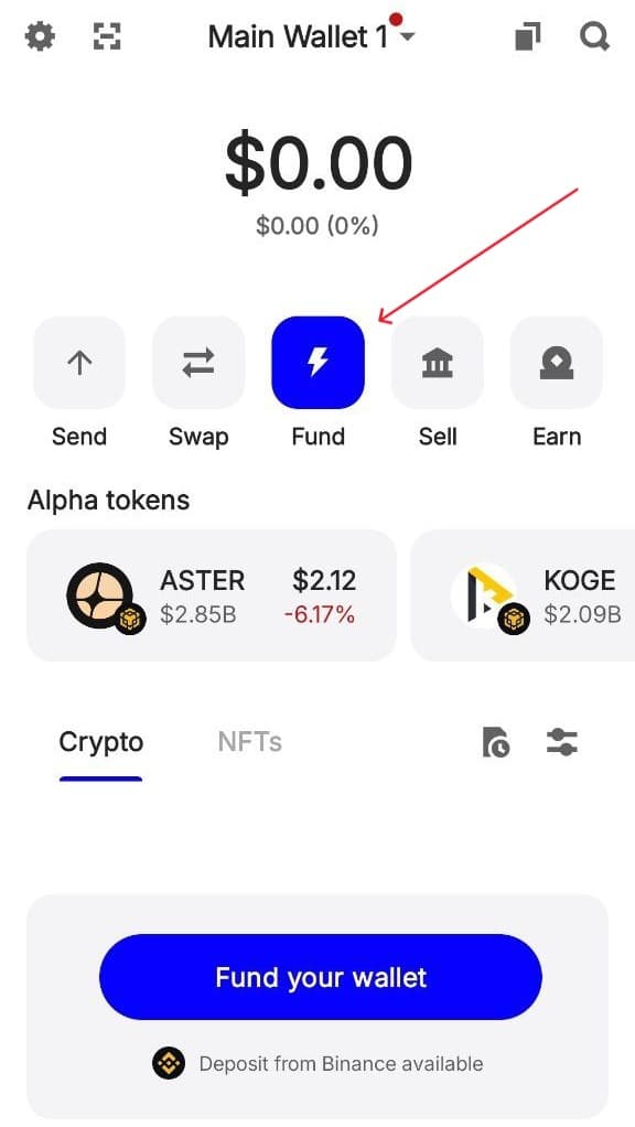 Trust Wallet - Tap Fund button on home screen